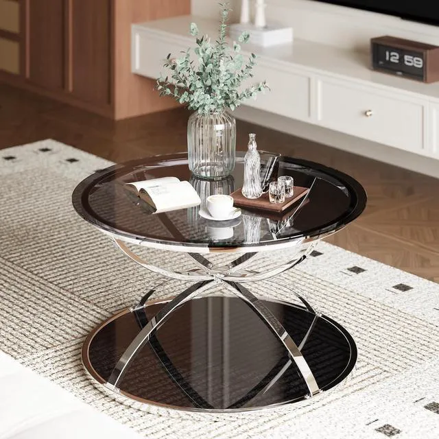 Alt view image 4 of 7 - 31.50'' Modern Center Table with Glass Top, 2 Tier Circle Coffee Table with Ring-Shaped Frames for Home Office, Living Room, Silver