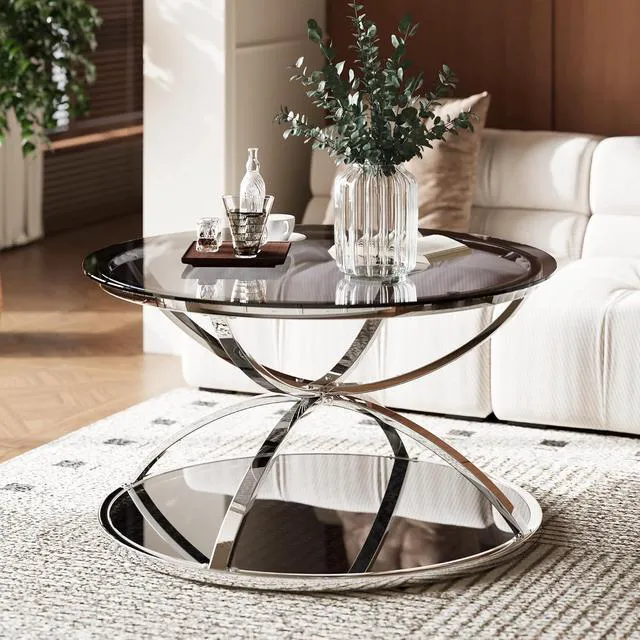 Alt view image 3 of 7 - 31.50'' Modern Center Table with Glass Top, 2 Tier Circle Coffee Table with Ring-Shaped Frames for Home Office, Living Room, Silver