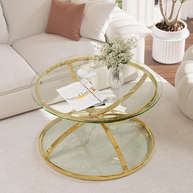 Alt view image 4 of 7 - 31.50'' Modern Center Table with Glass Top, 2 Tier Circle Coffee Table with Ring-Shaped Frames for Home Office, Living Room, Gold
