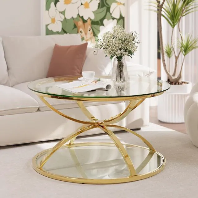 Alt view image 3 of 7 - 31.50'' Modern Center Table with Glass Top, 2 Tier Circle Coffee Table with Ring-Shaped Frames for Home Office, Living Room, Gold