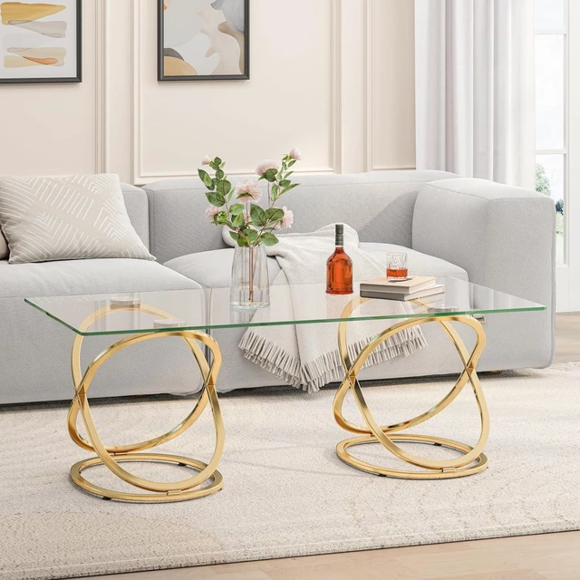 Main image of Modern Glass Coffee Table with Ring-Shaped Frames, Rectangular Center Table for Living Room & Office, Gold