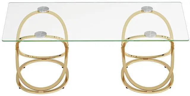 Alt view image 5 of 7 - Modern Glass Coffee Table with Ring-Shaped Frames, Rectangular Center Table for Living Room & Office, Gold