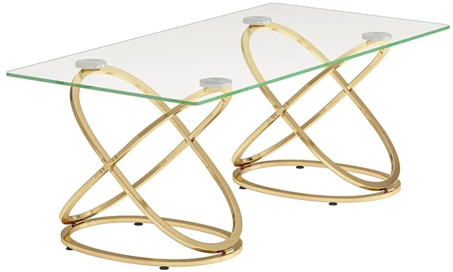 Alt view image 6 of 7 - Modern Glass Coffee Table with Ring-Shaped Frames, Rectangular Center Table for Living Room & Office, Gold