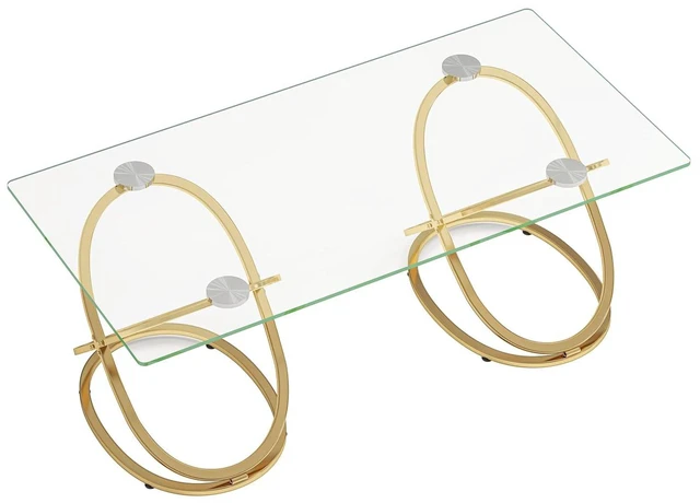 Alt view image 7 of 7 - Modern Glass Coffee Table with Ring-Shaped Frames, Rectangular Center Table for Living Room & Office, Gold
