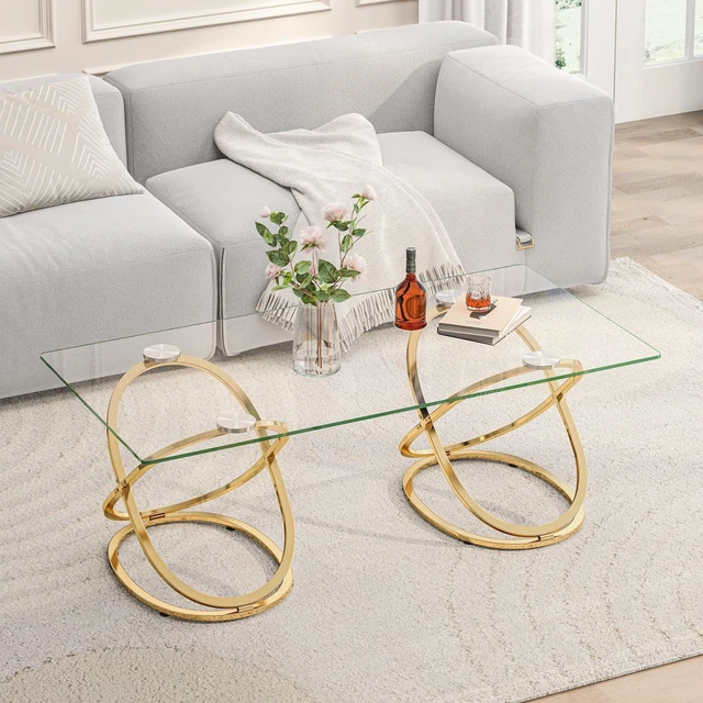 Alt view image 3 of 7 - Modern Glass Coffee Table with Ring-Shaped Frames, Rectangular Center Table for Living Room & Office, Gold
