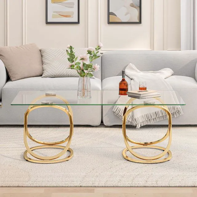 Alt view image 4 of 7 - Modern Glass Coffee Table with Ring-Shaped Frames, Rectangular Center Table for Living Room & Office, Gold