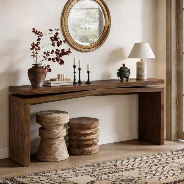 Main image of 65" Rustic Solid Wood Veneer Long Console Table, Farmhouse Entryway Sofa Table Behind Couch with Split-Level Silhouette for Living Room, Hallway,Antique Rustic Brown