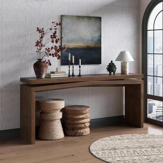 Alt view image 3 of 7 - 65" Rustic Solid Wood Veneer Long Console Table, Farmhouse Entryway Sofa Table Behind Couch with Split-Level Silhouette for Living Room, Hallway,Antique Rustic Brown