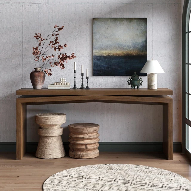Alt view image 5 of 7 - 65" Rustic Solid Wood Veneer Long Console Table, Farmhouse Entryway Sofa Table Behind Couch with Split-Level Silhouette for Living Room, Hallway,Antique Rustic Brown