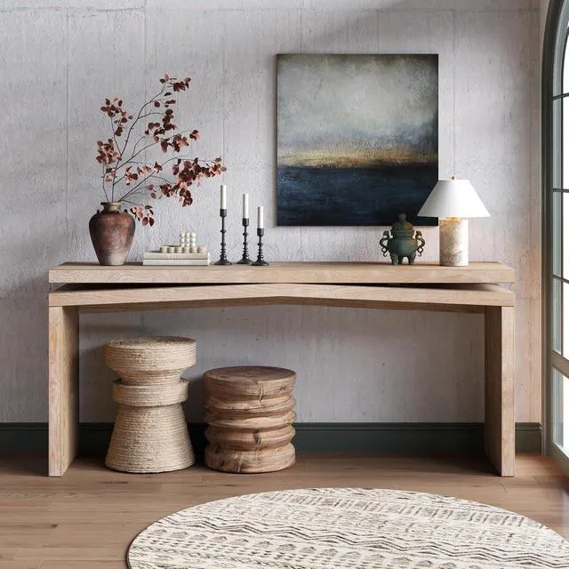 Alt view image 3 of 6 - 65" Wood Veneer Long Console Table, Farmhouse Entryway Table Behind Couch with Split-Level Silhouette, Accent Sofa Table for Hallway, Living Room, Antique Natural