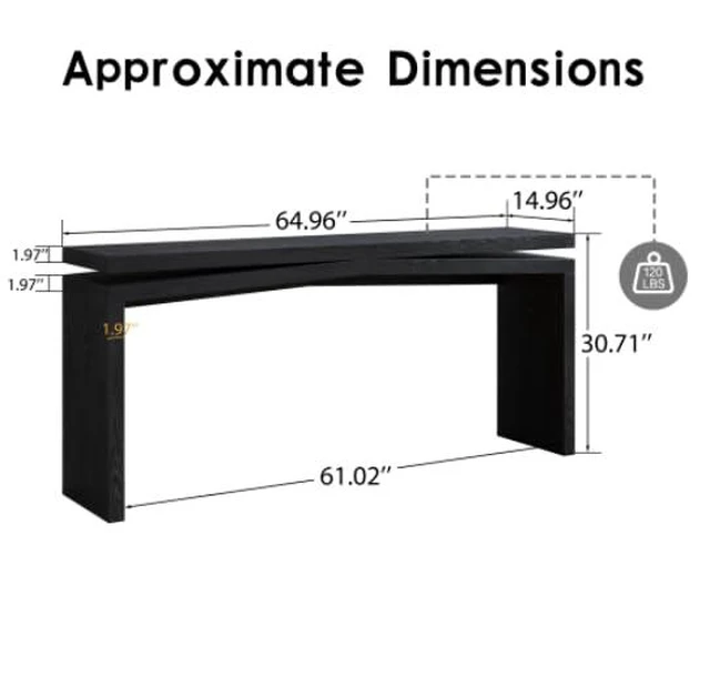 Alt view image 2 of 7 - 65" Rustic Solid Wood Veneer Long Console Table, Farmhouse Entryway Table Behind Couch with Split-Level Silhouette, Accent Sofa Table for Hallway, Living Room, Black