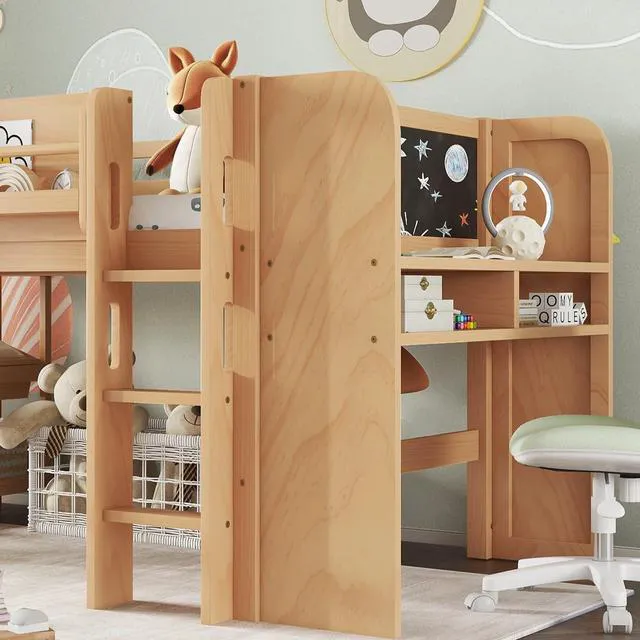 Alt view image 3 of 7 - Twin Size Kids Low Loft Bed with Desk and Blackboard & Storage Shelves, Solid Pine Wood Loft Bed Frame with Ladder and Guardrails, No Box Spring Needed, Natural