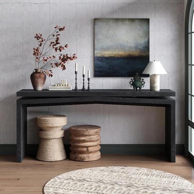 Alt view image 3 of 7 - 65" Rustic Solid Wood Veneer Long Console Table, Farmhouse Entryway Table Behind Couch with Split-Level Silhouette, Accent Sofa Table for Hallway, Living Room, Black
