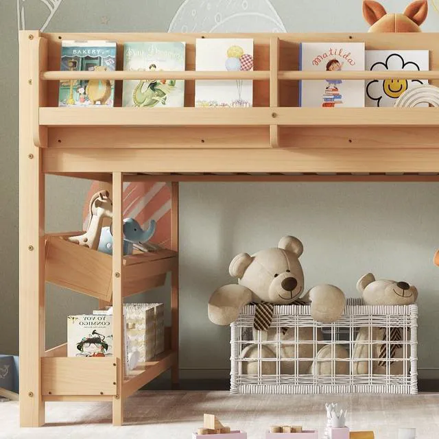 Alt view image 4 of 7 - Twin Size Kids Low Loft Bed with Desk and Blackboard & Storage Shelves, Solid Pine Wood Loft Bed Frame with Ladder and Guardrails, No Box Spring Needed, Natural