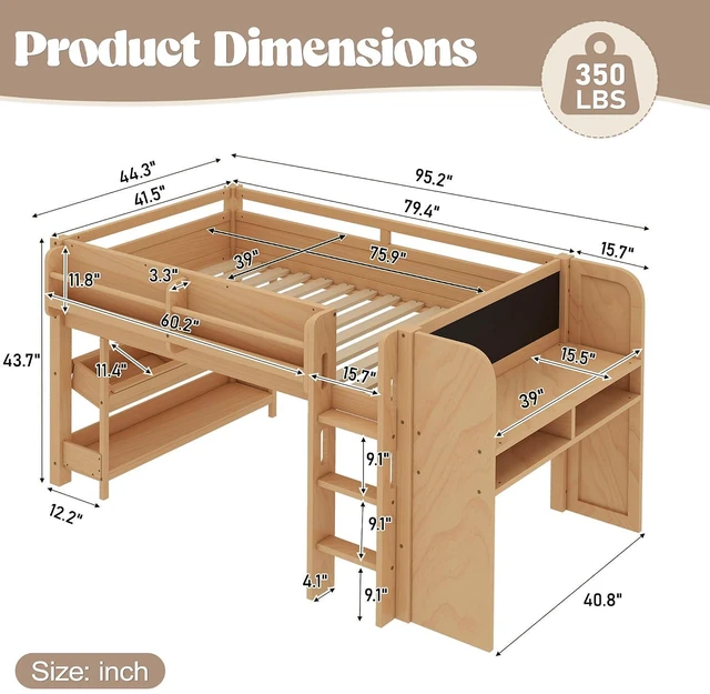 Alt view image 2 of 7 - Twin Size Kids Low Loft Bed with Desk and Blackboard & Storage Shelves, Solid Pine Wood Loft Bed Frame with Ladder and Guardrails, No Box Spring Needed, Natural