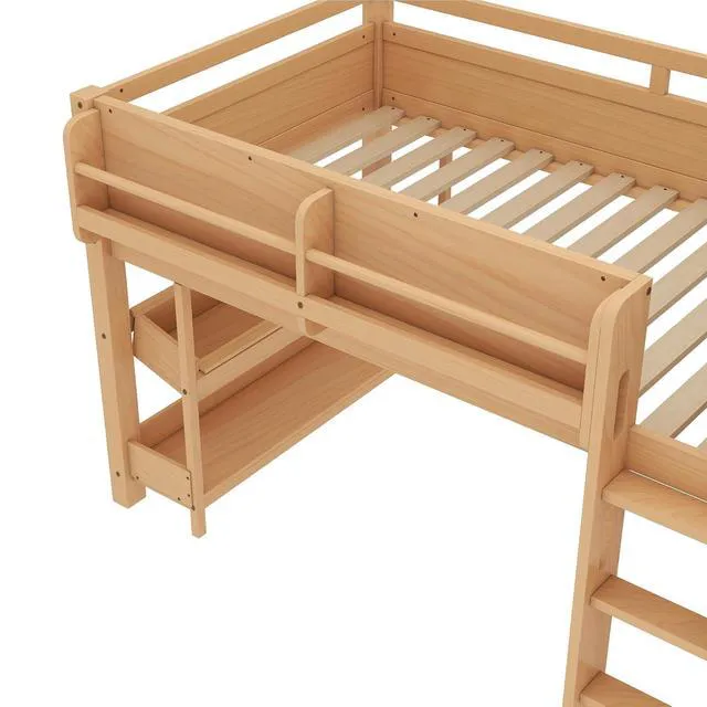 Alt view image 5 of 7 - Twin Size Kids Low Loft Bed with Desk and Blackboard & Storage Shelves, Solid Pine Wood Loft Bed Frame with Ladder and Guardrails, No Box Spring Needed, Natural