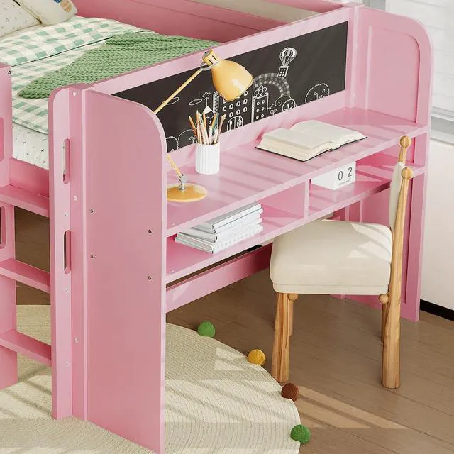 Alt view image 3 of 7 - Full Size Kids Low Loft Bed with Desk and Blackboard & Storage Shelves, Solid Pine Wood Loft Bed Frame with Ladder and Guardrails, No Box Spring Needed, Pink