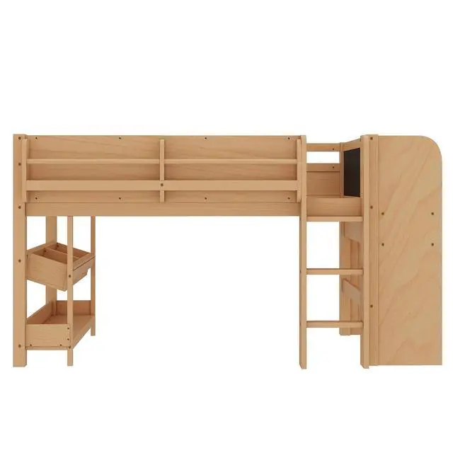 Alt view image 7 of 7 - Twin Size Kids Low Loft Bed with Desk and Blackboard & Storage Shelves, Solid Pine Wood Loft Bed Frame with Ladder and Guardrails, No Box Spring Needed, Natural