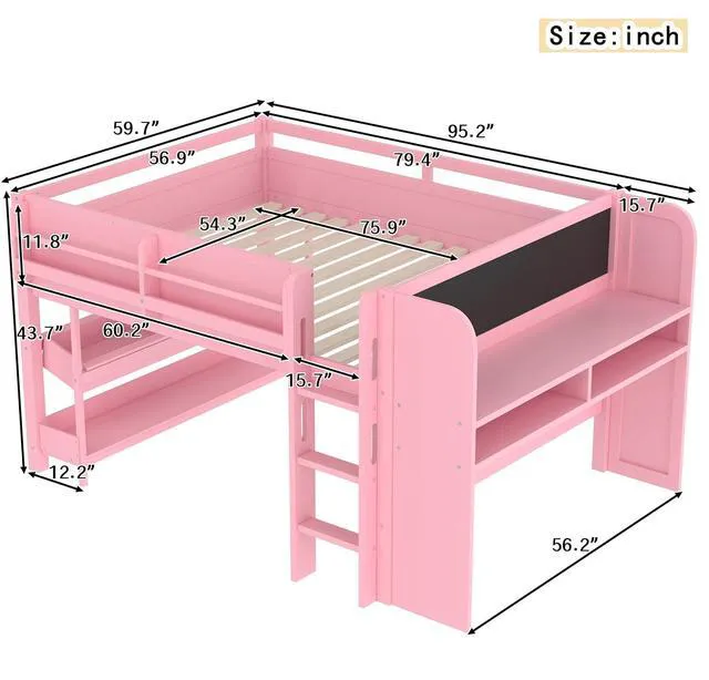 Alt view image 2 of 7 - Full Size Kids Low Loft Bed with Desk and Blackboard & Storage Shelves, Solid Pine Wood Loft Bed Frame with Ladder and Guardrails, No Box Spring Needed, Pink