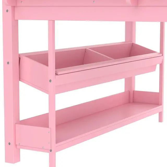 Alt view image 4 of 7 - Full Size Kids Low Loft Bed with Desk and Blackboard & Storage Shelves, Solid Pine Wood Loft Bed Frame with Ladder and Guardrails, No Box Spring Needed, Pink