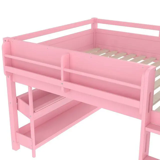 Alt view image 5 of 7 - Full Size Kids Low Loft Bed with Desk and Blackboard & Storage Shelves, Solid Pine Wood Loft Bed Frame with Ladder and Guardrails, No Box Spring Needed, Pink