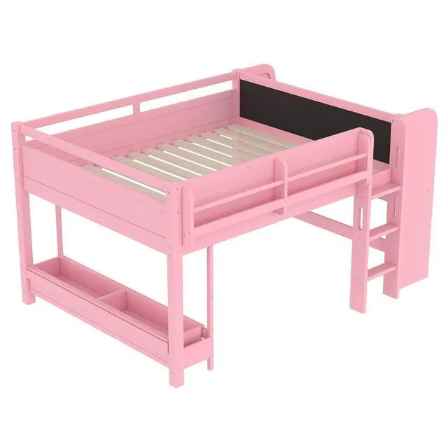 Alt view image 6 of 7 - Full Size Kids Low Loft Bed with Desk and Blackboard & Storage Shelves, Solid Pine Wood Loft Bed Frame with Ladder and Guardrails, No Box Spring Needed, Pink