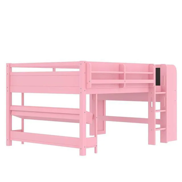 Alt view image 7 of 7 - Full Size Kids Low Loft Bed with Desk and Blackboard & Storage Shelves, Solid Pine Wood Loft Bed Frame with Ladder and Guardrails, No Box Spring Needed, Pink