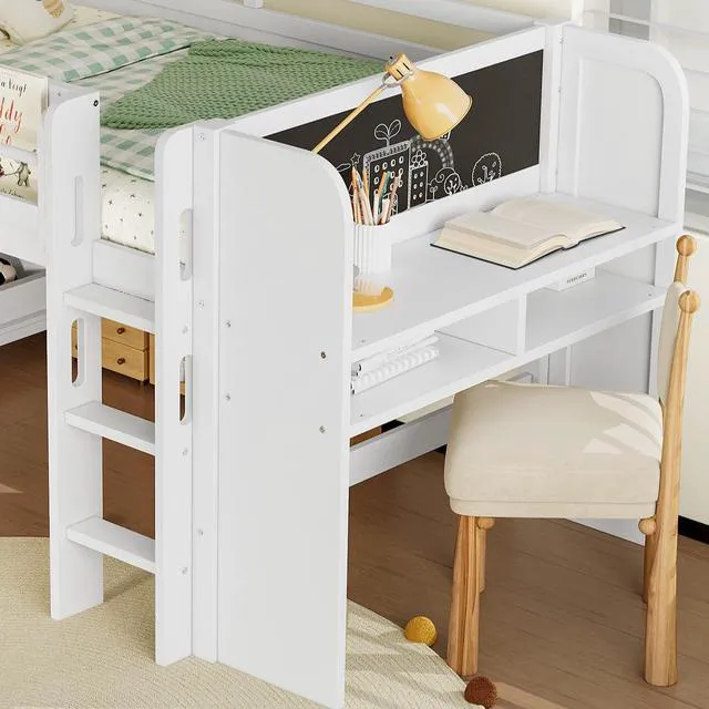 Alt view image 2 of 5 - Twin Size Kids Low Loft Bed with Desk and Blackboard & Storage Shelves, Solid Pine Wood Loft Bed Frame with Ladder and Guardrails, No Box Spring Needed, Light White