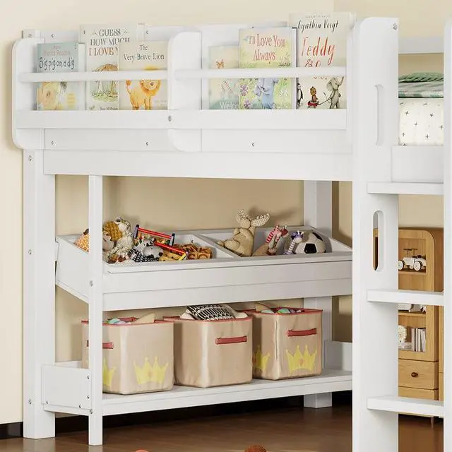 Alt view image 3 of 5 - Twin Size Kids Low Loft Bed with Desk and Blackboard & Storage Shelves, Solid Pine Wood Loft Bed Frame with Ladder and Guardrails, No Box Spring Needed, Light White