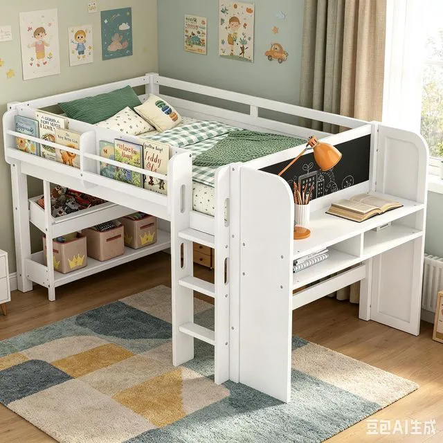 Main image of Twin Size Kids Low Loft Bed with Desk and Blackboard & Storage Shelves, Solid Pine Wood Loft Bed Frame with Ladder and Guardrails, No Box Spring Needed, Light White