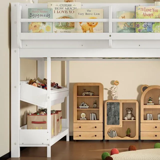 Alt view image 2 of 5 - Full Size Kids Low Loft Bed with Desk and Blackboard & Storage Shelves, Solid Pine Wood Loft Bed Frame with Ladder and Guardrails, No Box Spring Needed, Light White