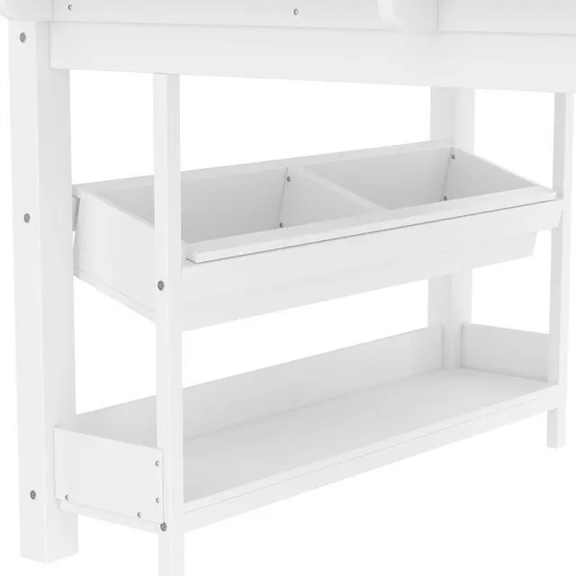Alt view image 4 of 5 - Twin Size Kids Low Loft Bed with Desk and Blackboard & Storage Shelves, Solid Pine Wood Loft Bed Frame with Ladder and Guardrails, No Box Spring Needed, Light White