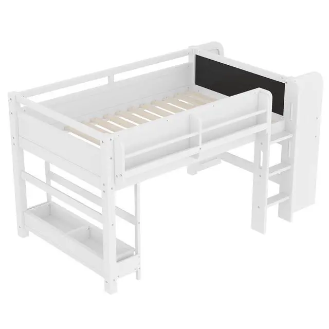 Alt view image 5 of 5 - Twin Size Kids Low Loft Bed with Desk and Blackboard & Storage Shelves, Solid Pine Wood Loft Bed Frame with Ladder and Guardrails, No Box Spring Needed, Light White