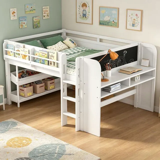 Main image of Full Size Kids Low Loft Bed with Desk and Blackboard & Storage Shelves, Solid Pine Wood Loft Bed Frame with Ladder and Guardrails, No Box Spring Needed, Light White
