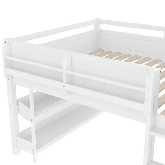 Alt view image 3 of 5 - Full Size Kids Low Loft Bed with Desk and Blackboard & Storage Shelves, Solid Pine Wood Loft Bed Frame with Ladder and Guardrails, No Box Spring Needed, Light White