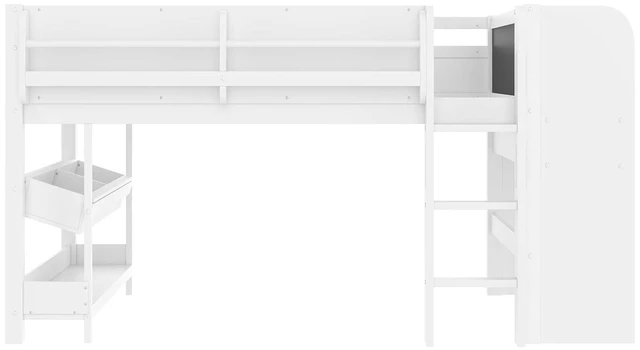 Alt view image 4 of 5 - Full Size Kids Low Loft Bed with Desk and Blackboard & Storage Shelves, Solid Pine Wood Loft Bed Frame with Ladder and Guardrails, No Box Spring Needed, Light White
