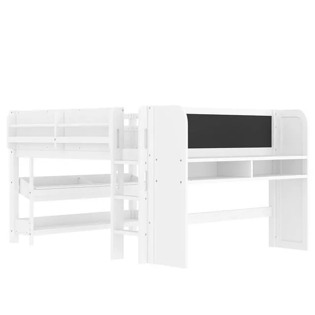 Alt view image 5 of 5 - Full Size Kids Low Loft Bed with Desk and Blackboard & Storage Shelves, Solid Pine Wood Loft Bed Frame with Ladder and Guardrails, No Box Spring Needed, Light White