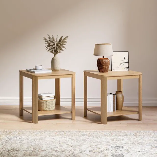 Main image of End Table Set of 2, Small Coffee Table with Storage Shelf, 2 Tier Farmhouse Side Table for Home Office, Bed Room, Oak
