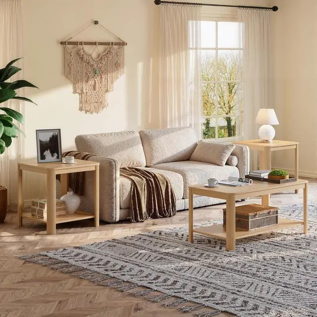 Alt view image 3 of 7 - End Table Set of 2, Small Coffee Table with Storage Shelf, 2 Tier Farmhouse Side Table for Home Office, Bed Room, Oak