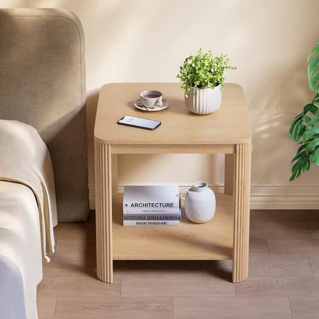 Alt view image 4 of 7 - End Table Set of 2, Small Coffee Table with Storage Shelf, 2 Tier Farmhouse Side Table for Home Office, Bed Room, Oak