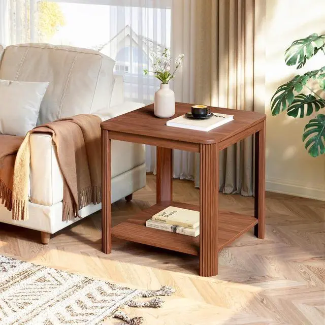 Alt view image 3 of 7 - Side Table Set of 2, Small Round End Table with 2-Tier Storage Shelf for Home Office, Bed Room, Walnut
