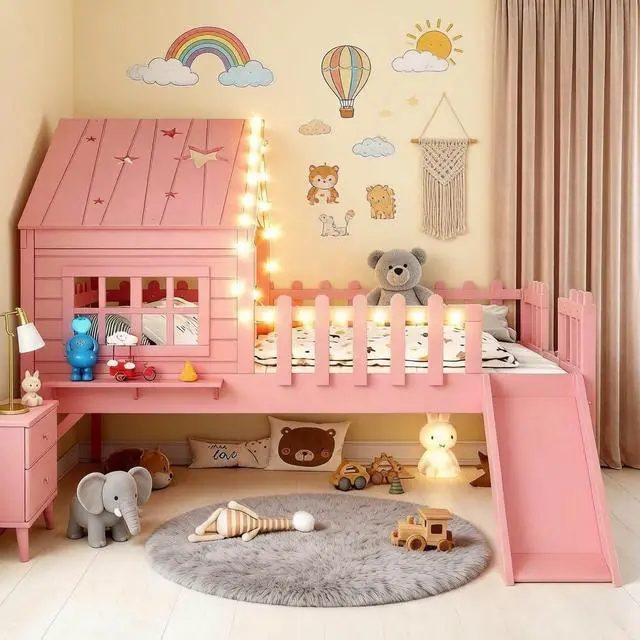 Main image of Full Low House Loft Bed with Led Light and Slide, Pink