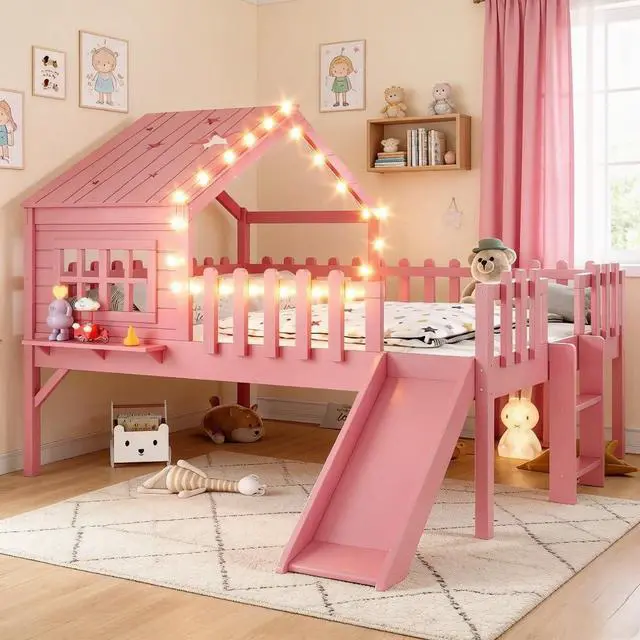 Alt view image 3 of 7 - Full Low House Loft Bed with Led Light and Slide, Pink