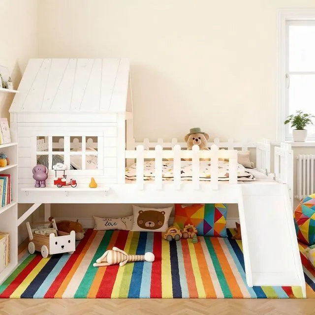 Main image of Full Size Kids Low Loft Bed with Slide, White