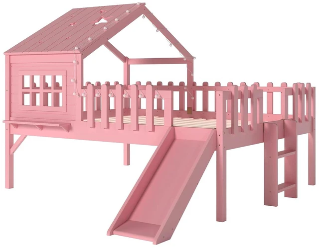 Alt view image 7 of 7 - Full Low House Loft Bed with Led Light and Slide, Pink