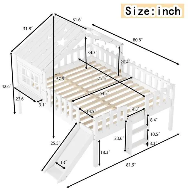Alt view image 2 of 7 - Full Size Kids Low Loft Bed with Slide, White