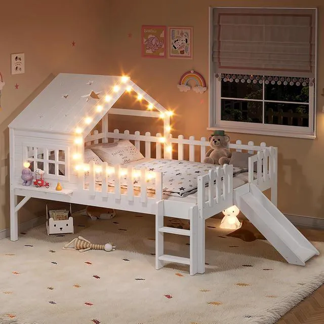 Alt view image 3 of 7 - Full Size Kids Low Loft Bed with Slide, White
