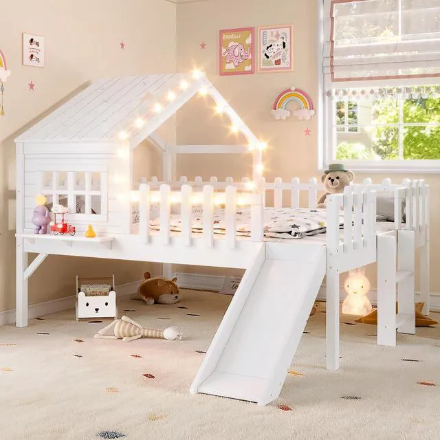 Alt view image 4 of 7 - Full Size Kids Low Loft Bed with Slide, White