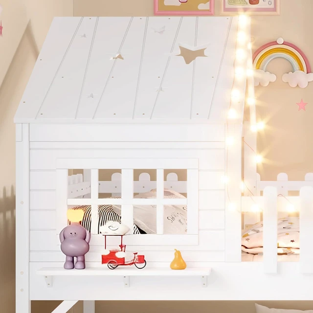 Alt view image 6 of 7 - Full Size Kids Low Loft Bed with Slide, White