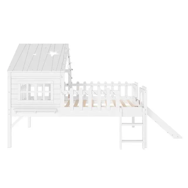 Alt view image 7 of 7 - Full Size Kids Low Loft Bed with Slide, White